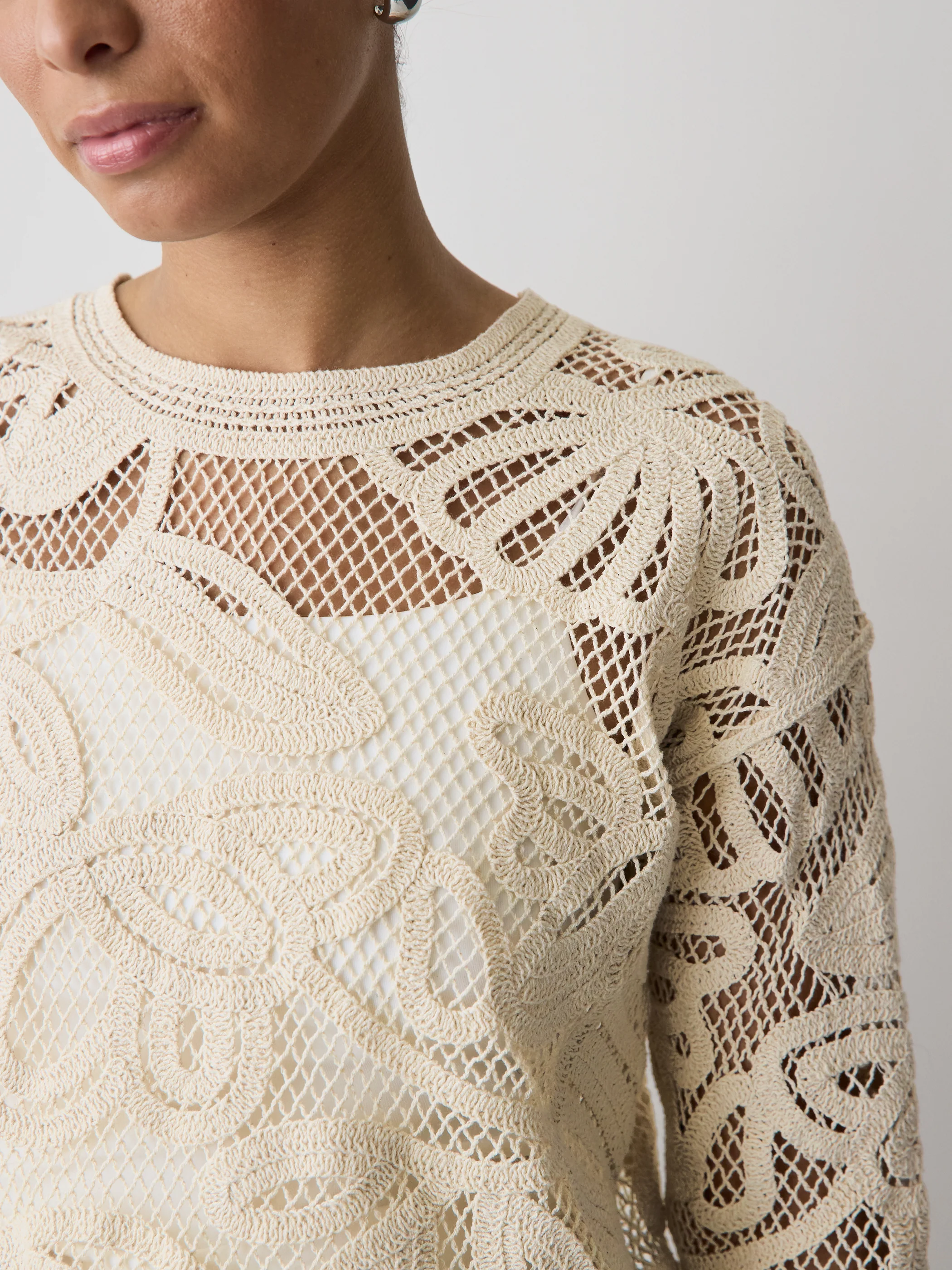 Long-Sleeve Crew-Neck Top with Crochet Details - Image 4