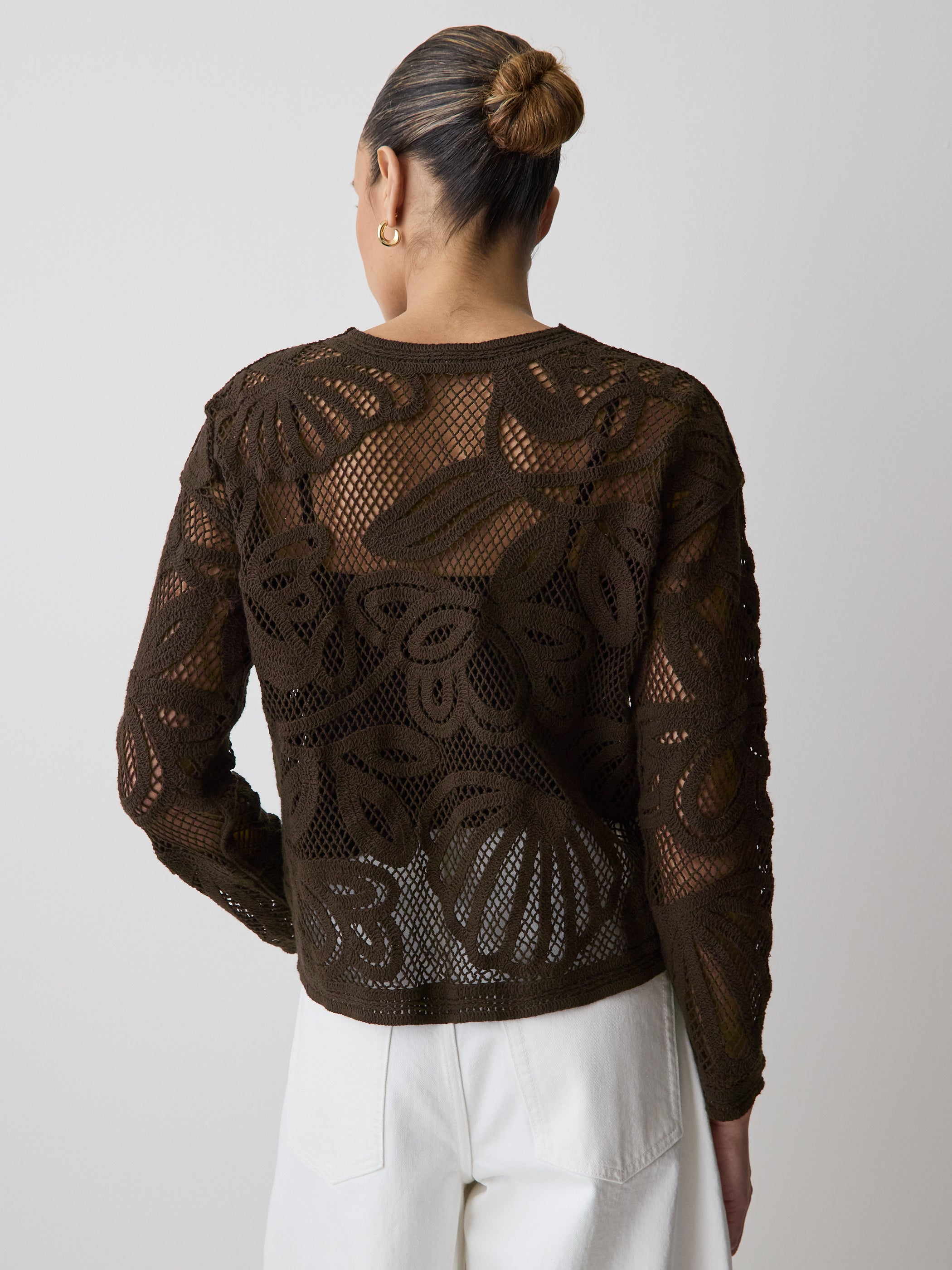 Long-Sleeve Crew-Neck Top with Crochet Details - Image 9