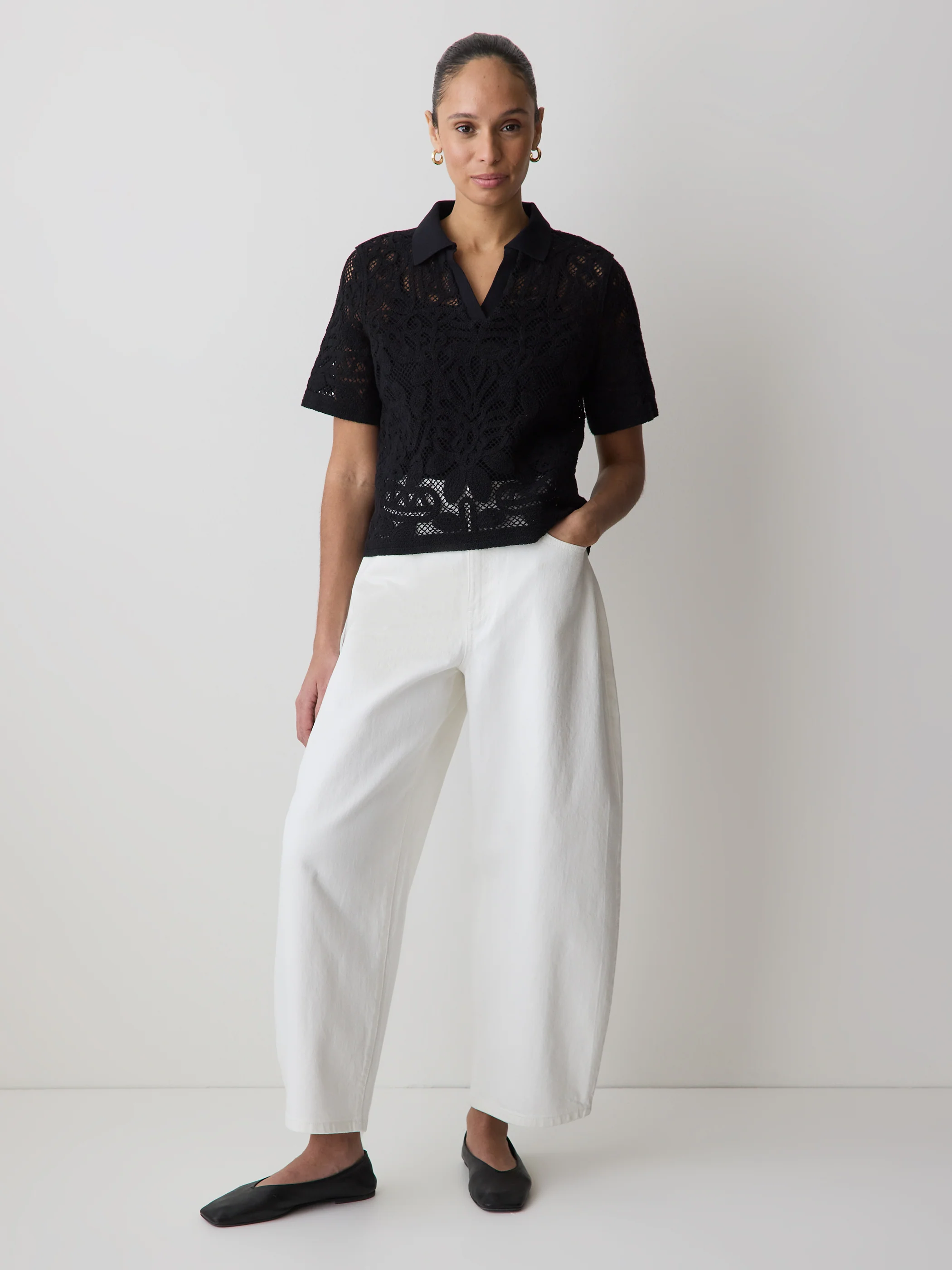 Short-Sleeve Crochet Polo Top - Image 2