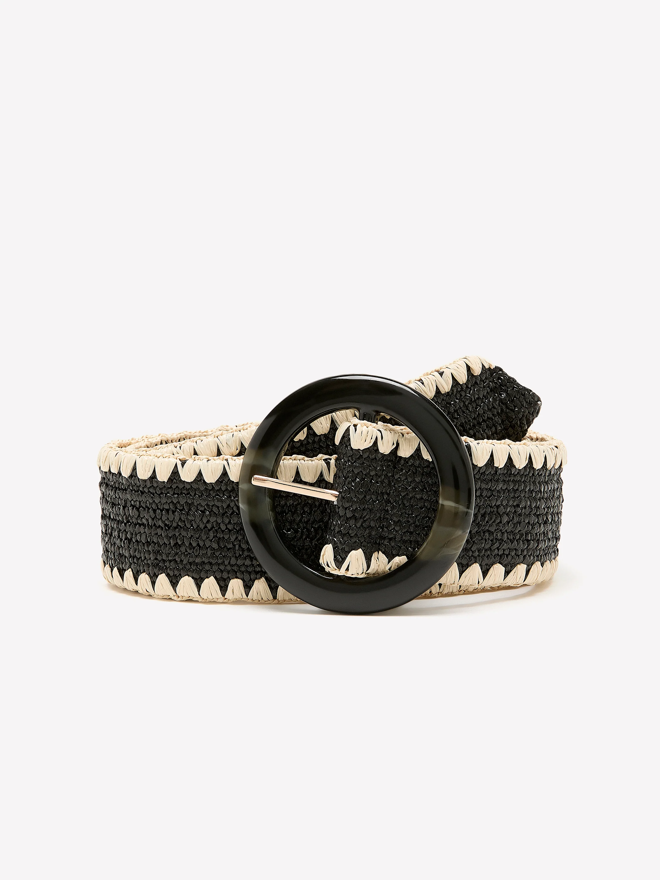 Black and Beige Raffia Belt with Round Buckle - Image 2
