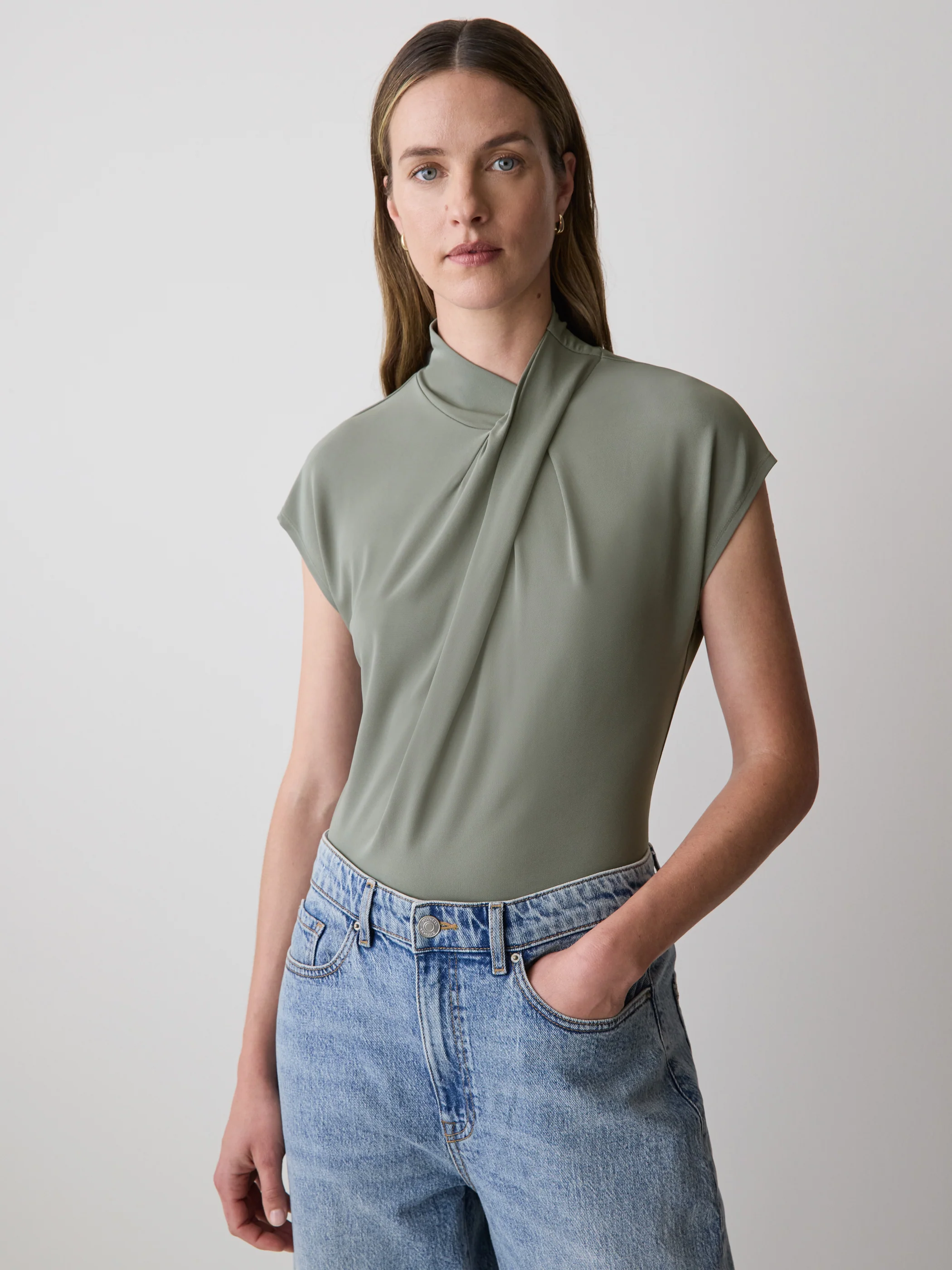 Extended-Sleeve Top with Crossover Draped Mock Neckline - Image 18