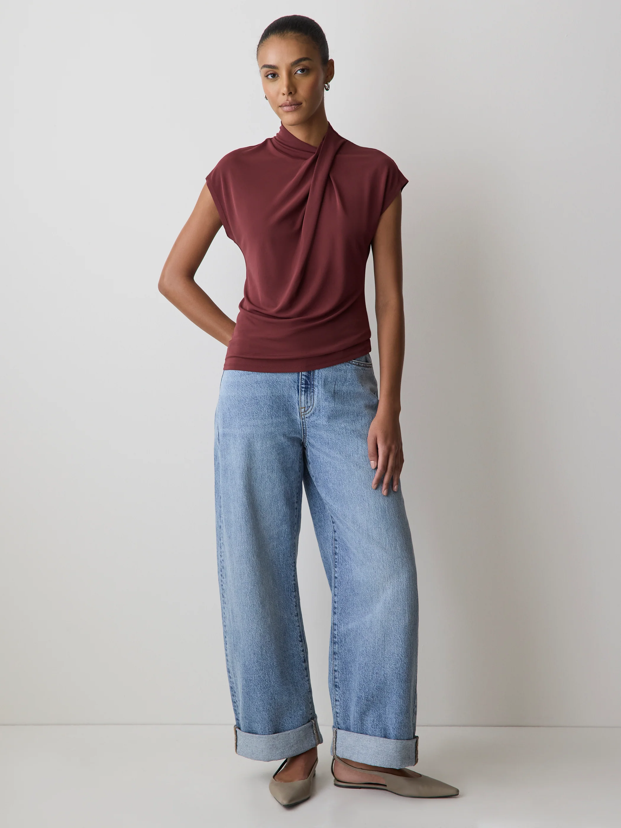 Extended-Sleeve Top with Crossover Draped Mock Neckline - Image 25