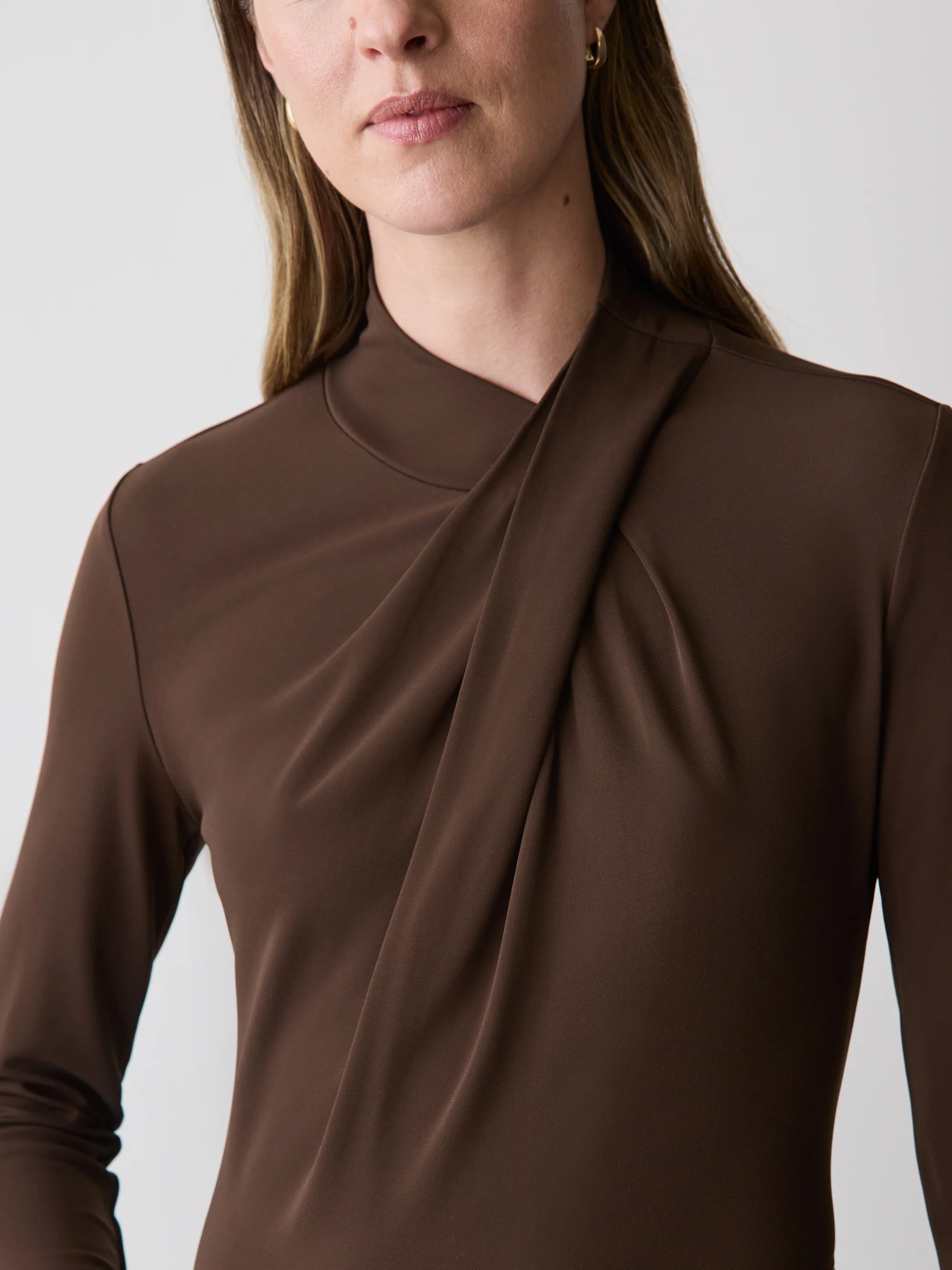 Long-Sleeve Top with Crossover Draped Mock Neckline - Image 10