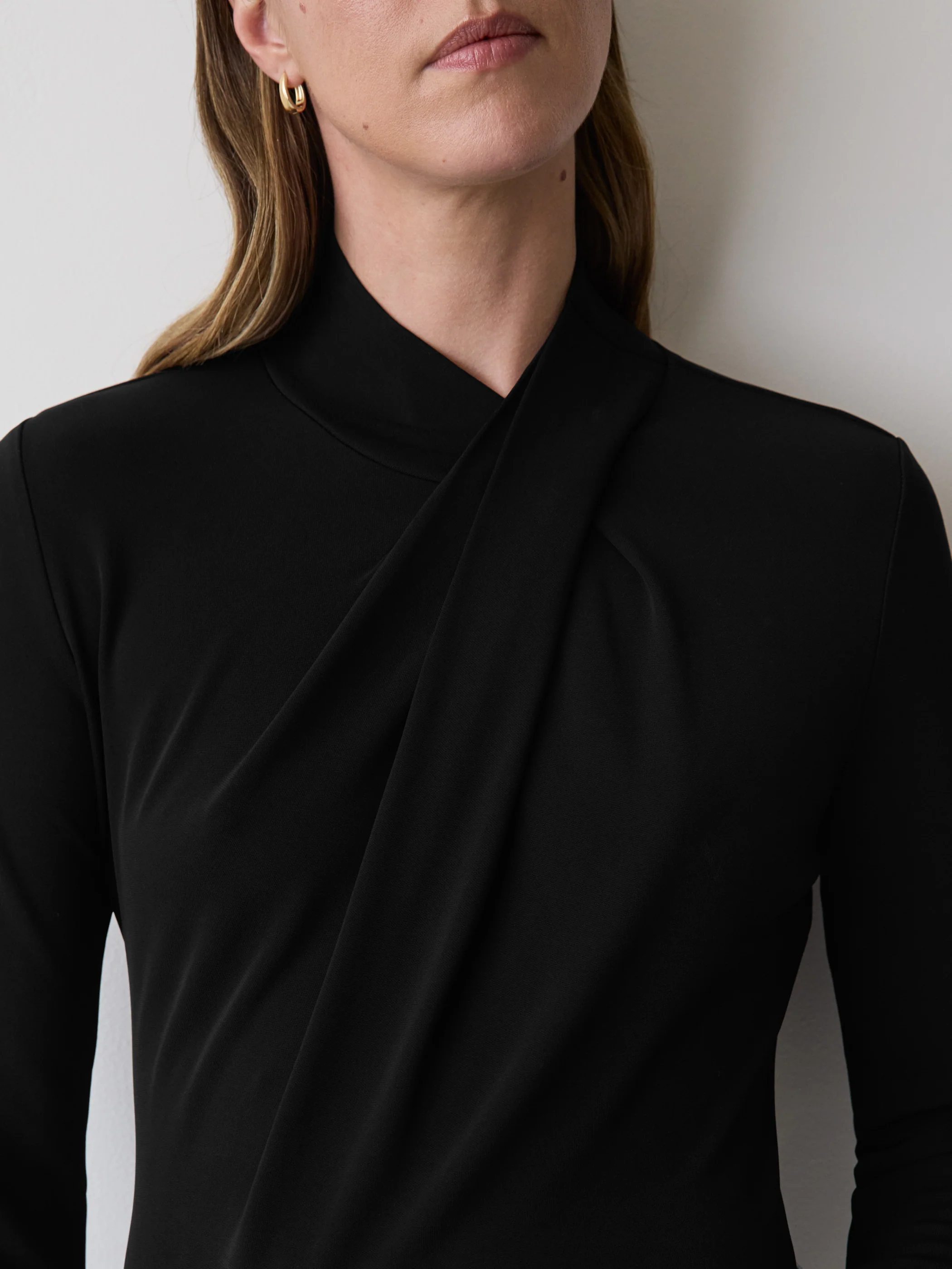 Long-Sleeve Top with Crossover Draped Mock Neckline - Image 4