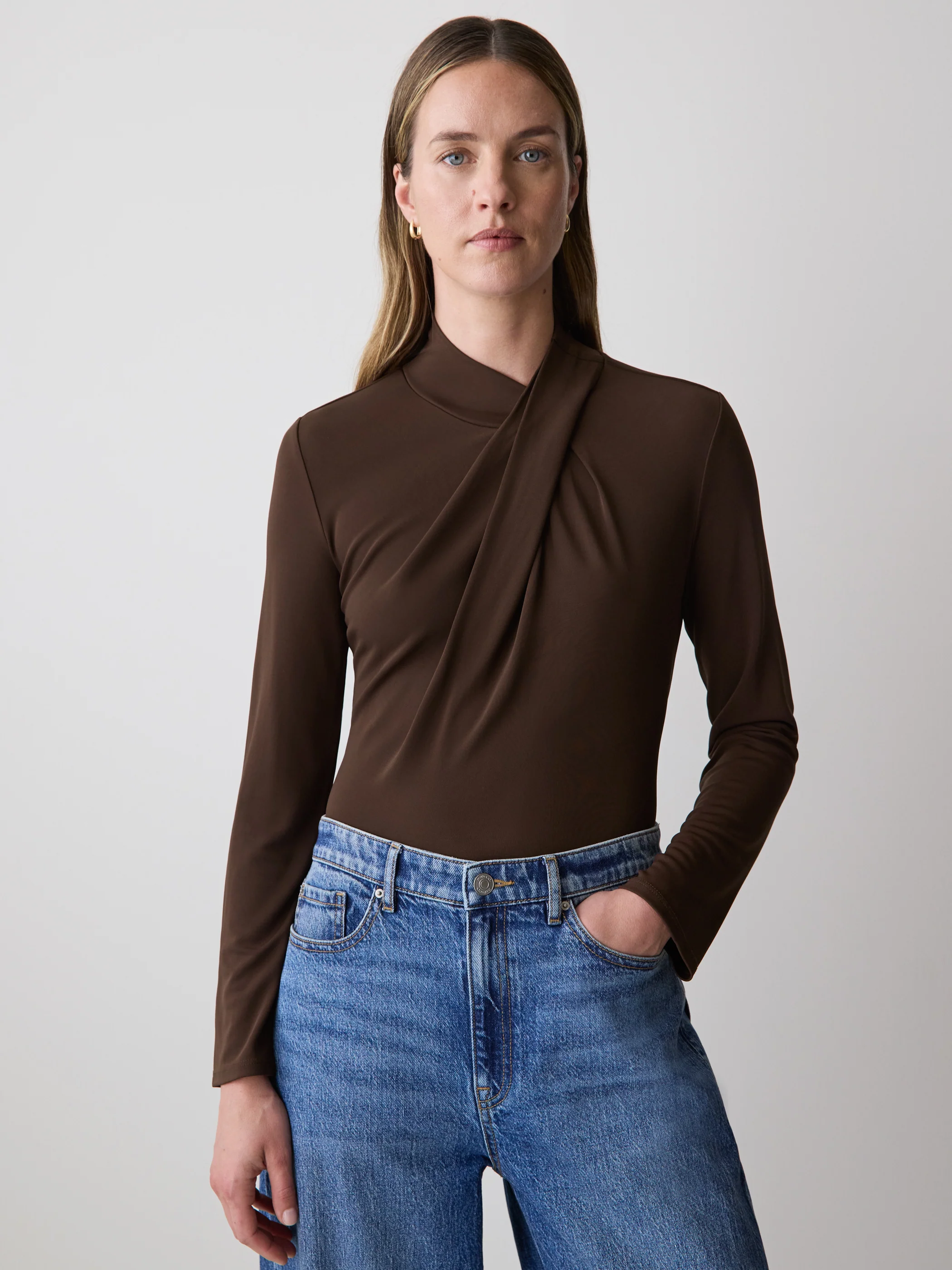 Long-Sleeve Top with Crossover Draped Mock Neckline - Image 7