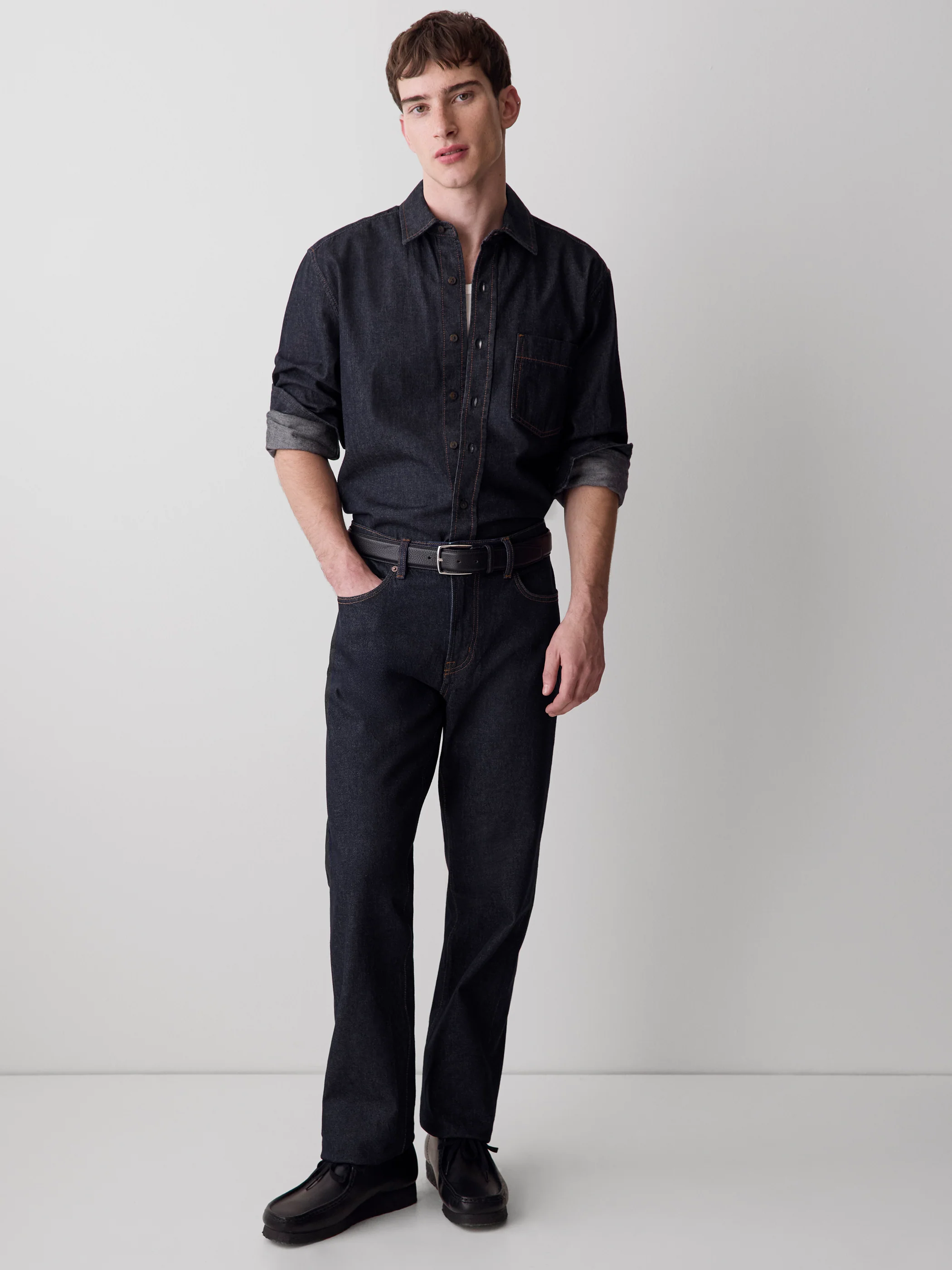 Long-Sleeve Raw Denim Shirt with Chest Pocket - Image 2
