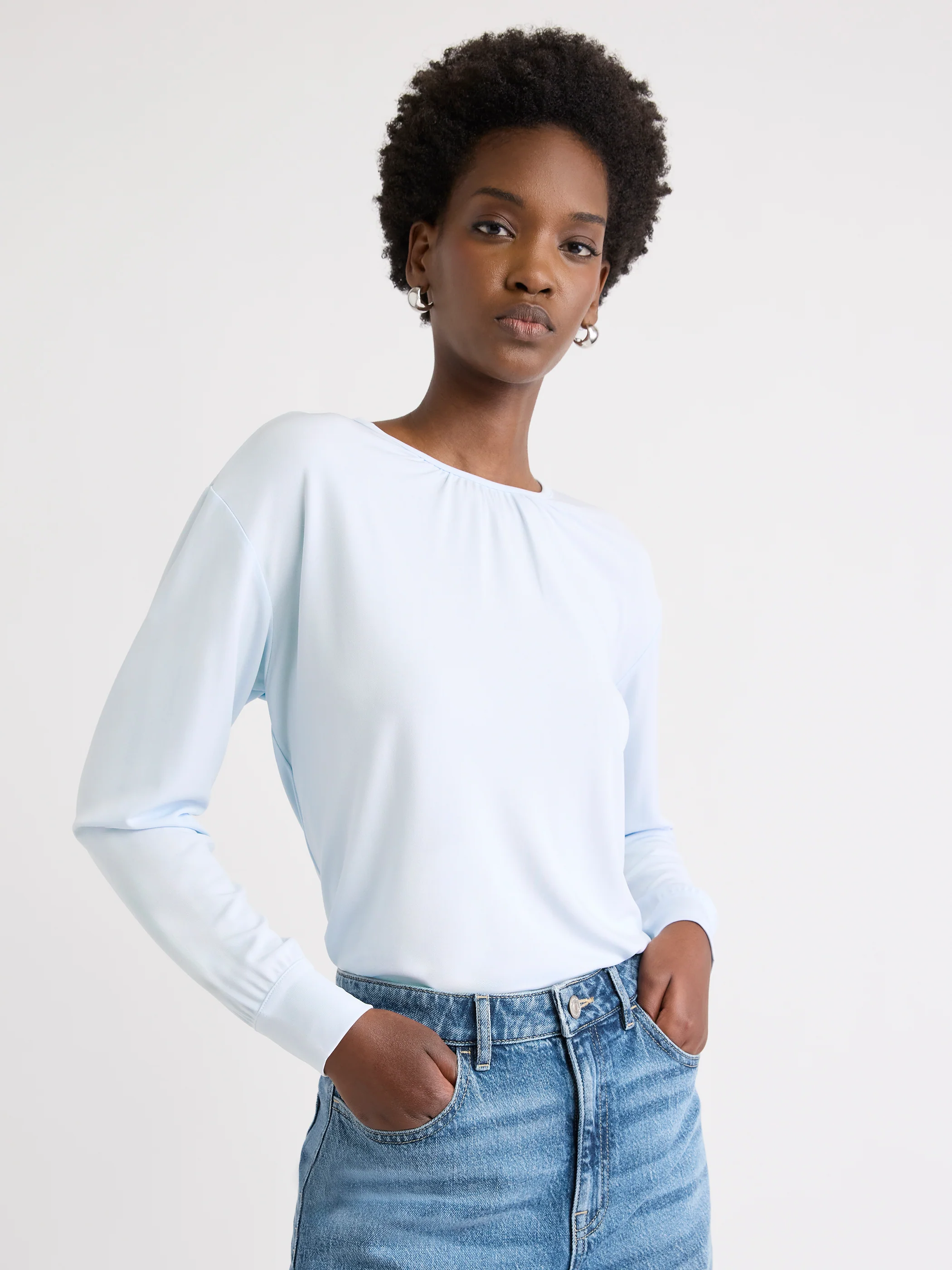 Long-Sleeve Top with Shirred Crew Neckline - Image 11