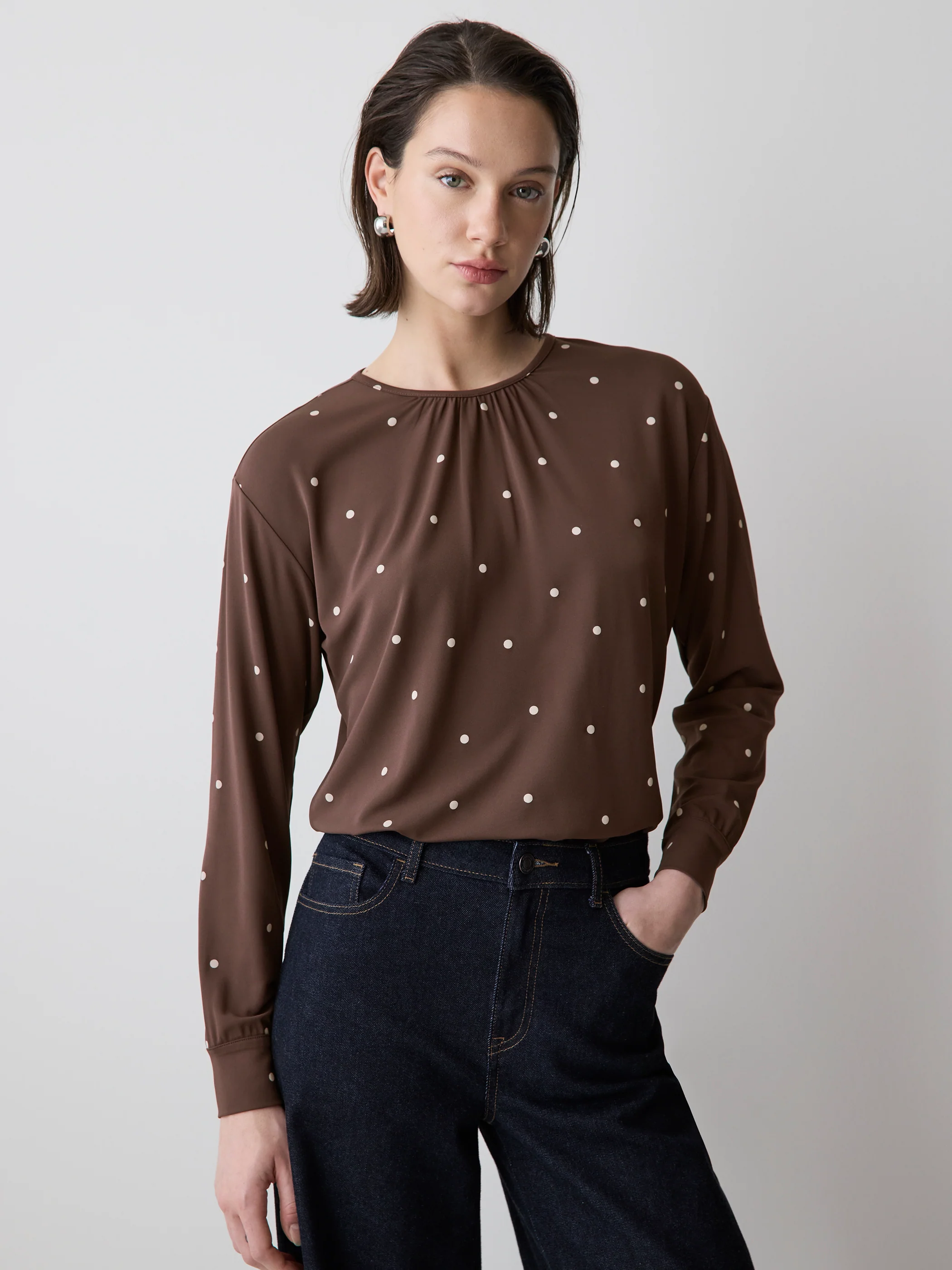 Long-Sleeve Top with Shirred Crew Neckline - Image 6