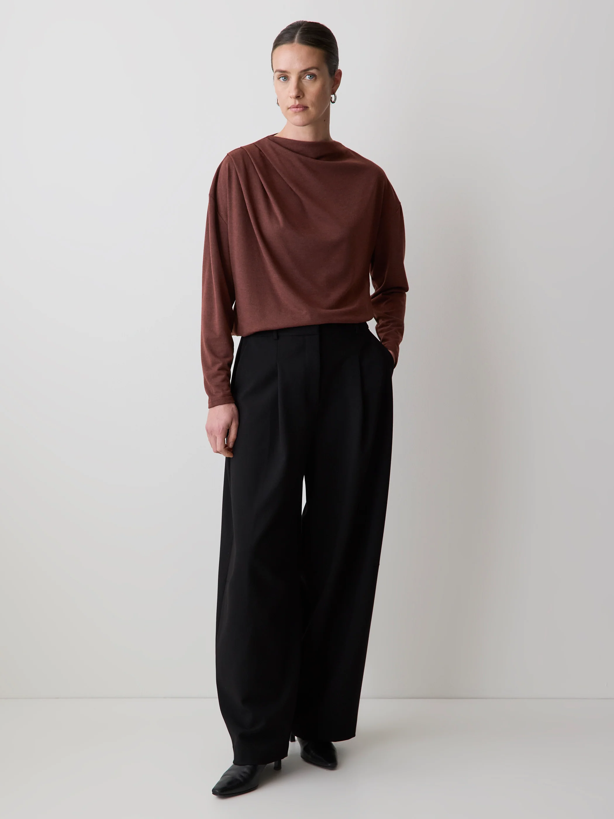 Long-Sleeve Top with Draped Crew Neckline - Image 2