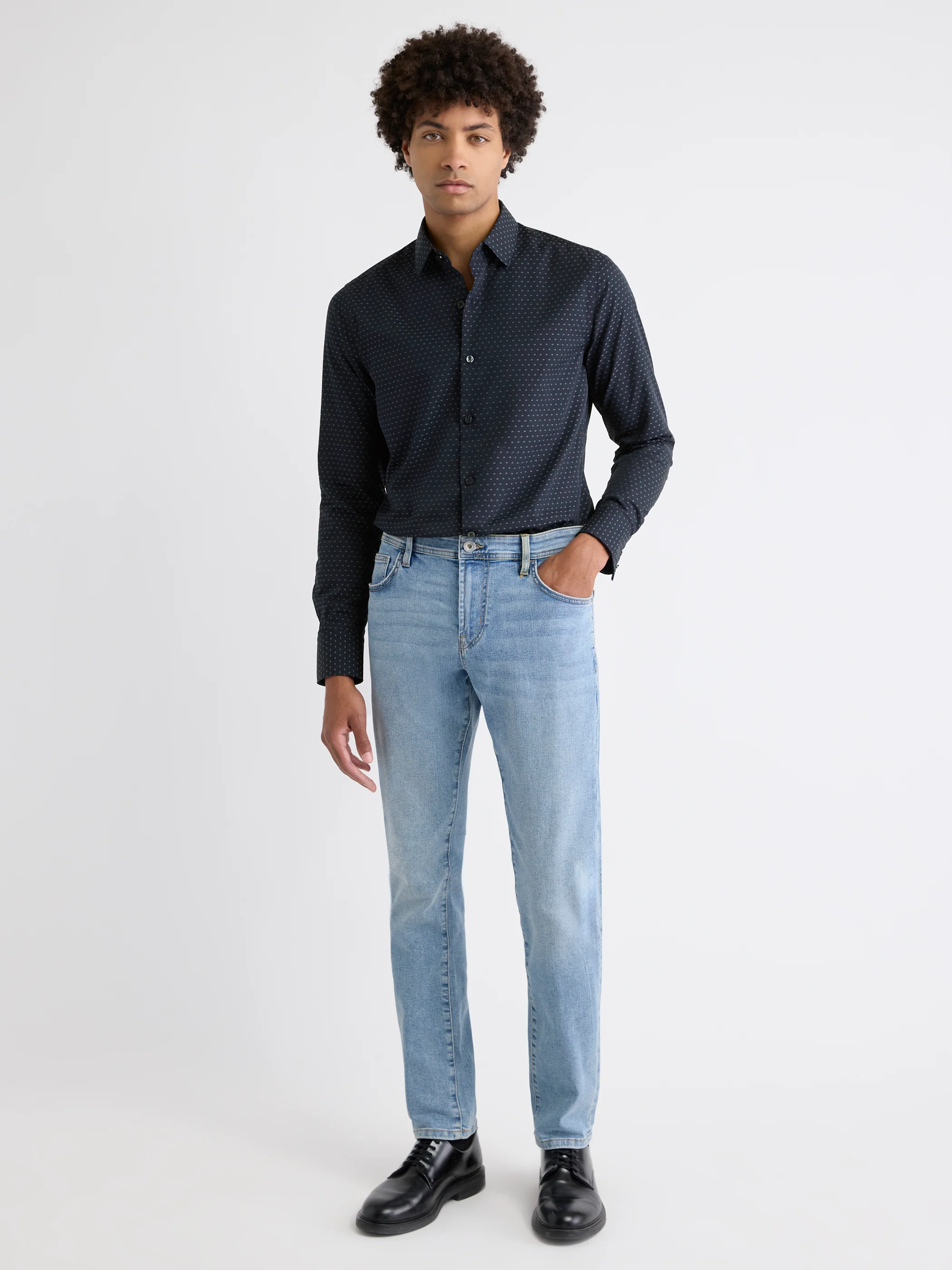 Navy Slim Fit Dress Shirt with Geo Pattern - Image 3