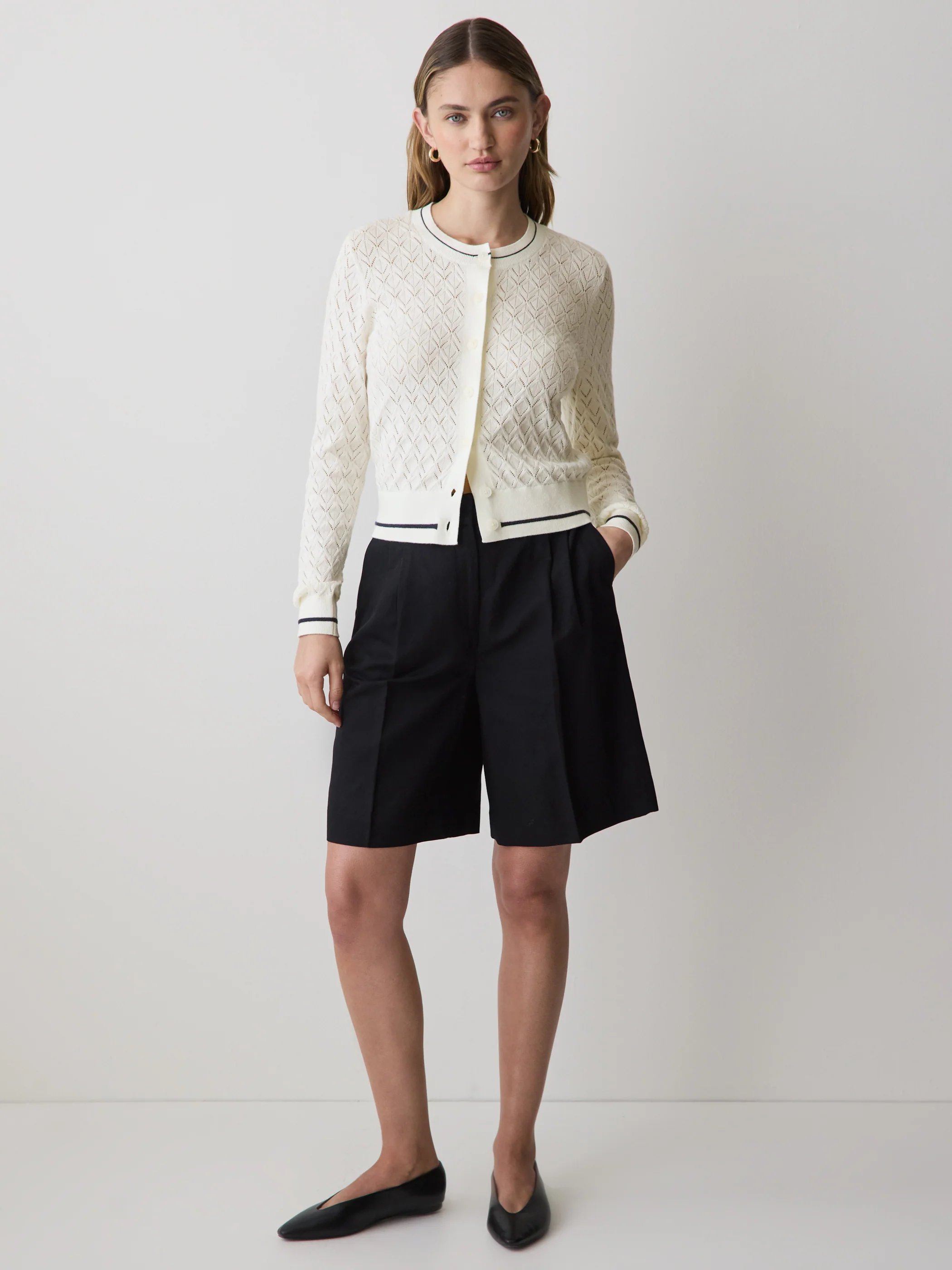 Long-Sleeve Crew-Neck Cardigan with Pointelle Stitches - Image 2