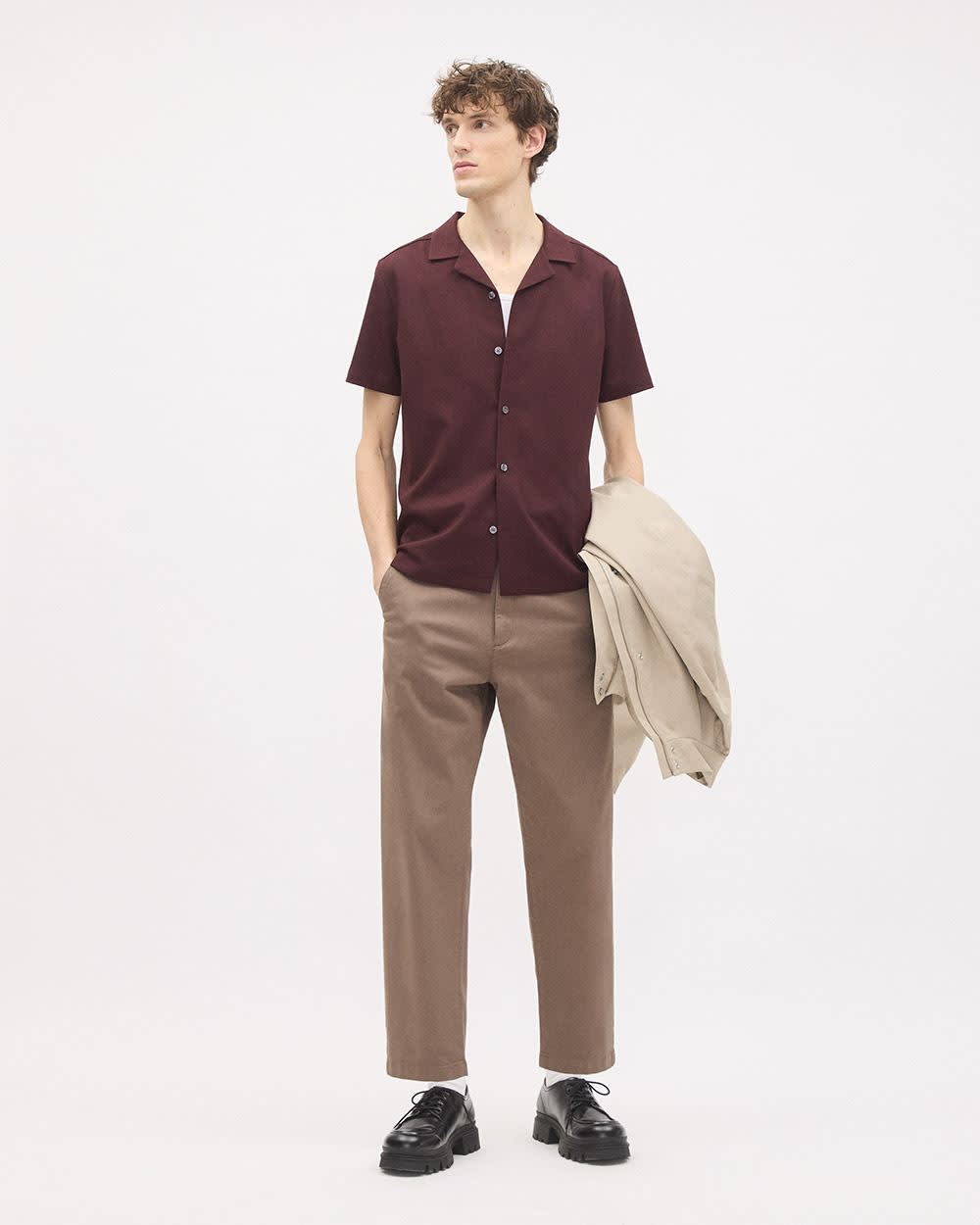Short-Sleeve Herringbone Shirt with Camp Collar - Image 12