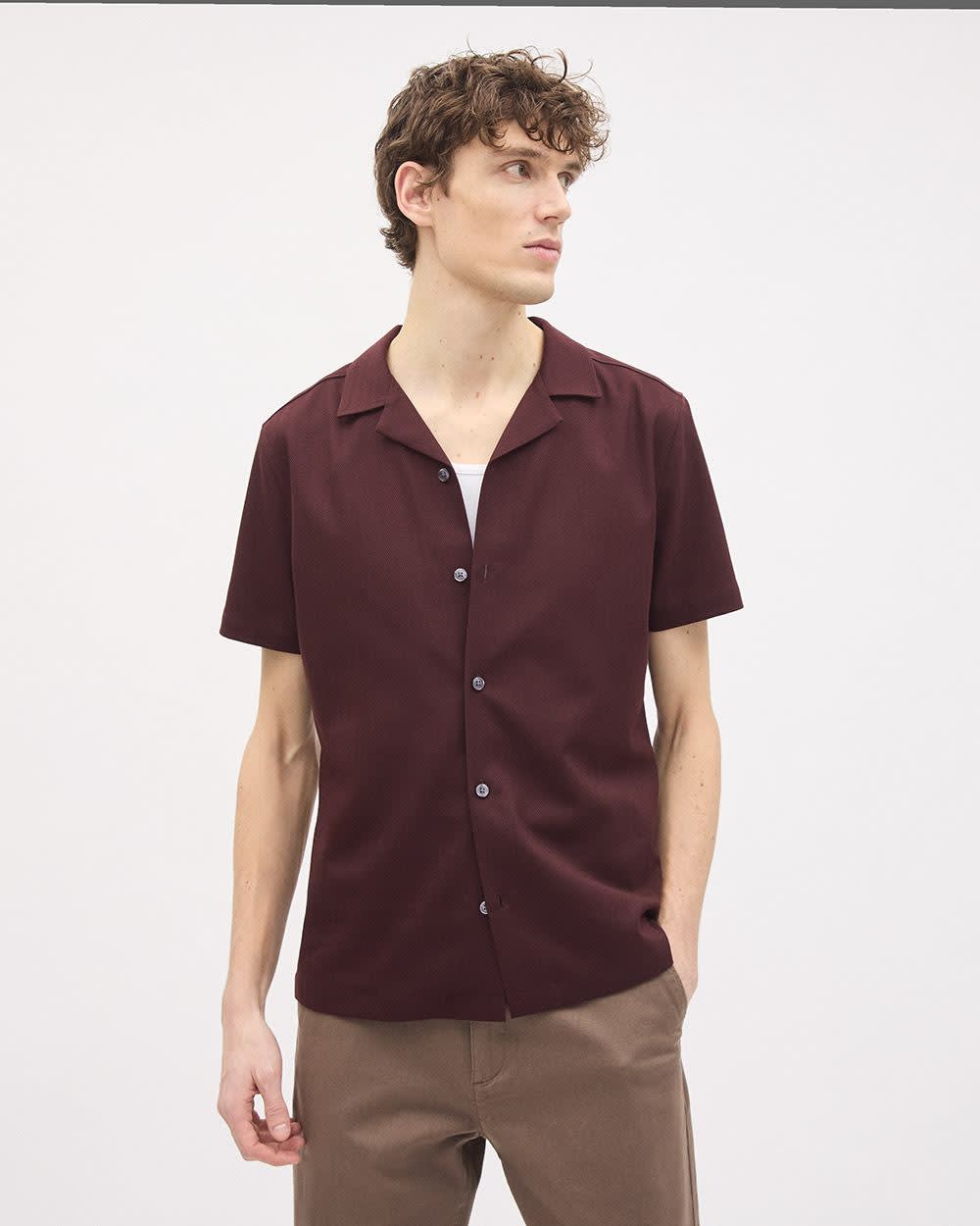 Short-Sleeve Herringbone Shirt with Camp Collar - Image 14