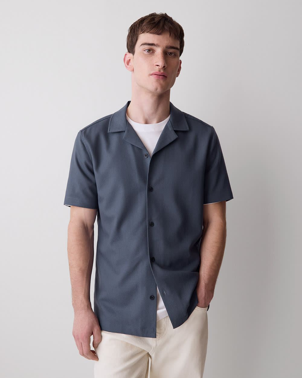 Short-Sleeve Herringbone Shirt with Camp Collar - Image 16