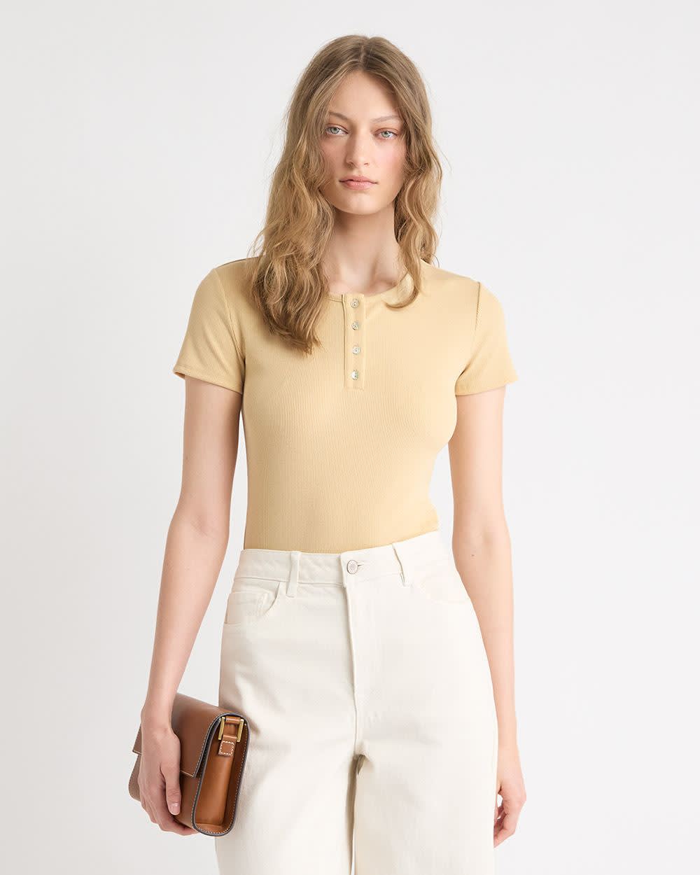 Short-Sleeve Ribbed Henley Top - Image 6