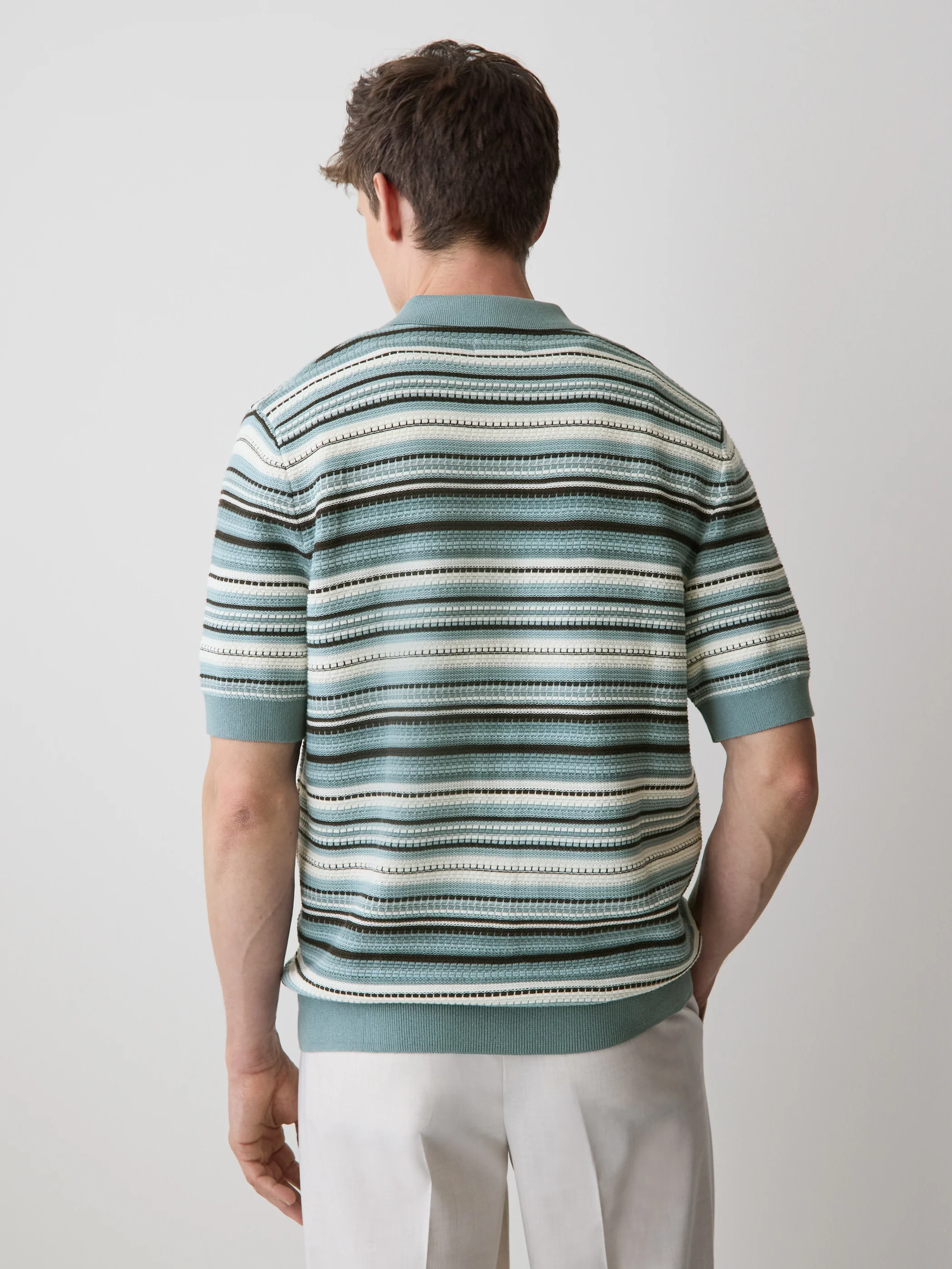 Striped Short-Sleeve Sweater with Shirt Collar - Image 3