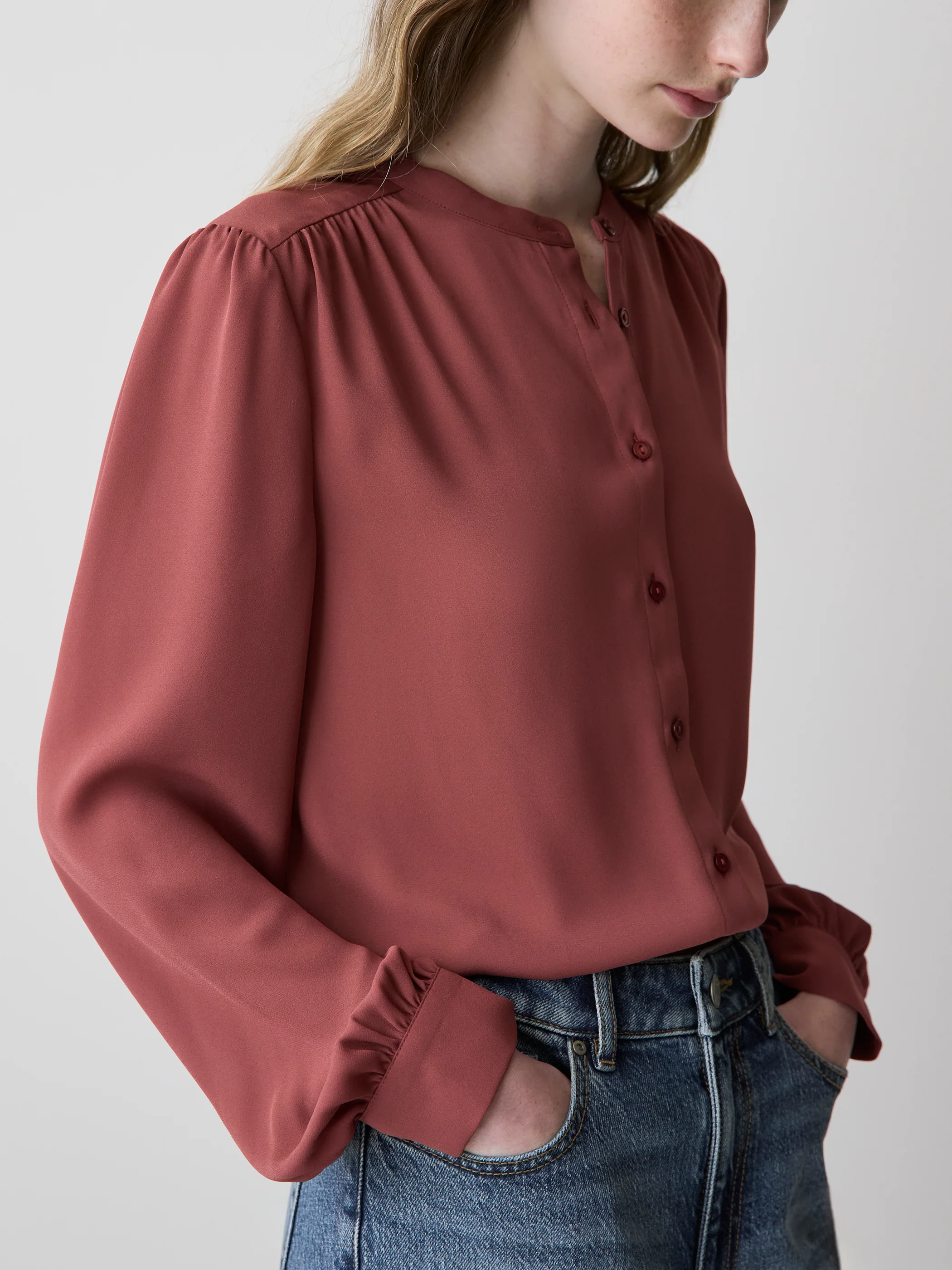 Silky Crepe Long-Sleeve Buttoned-Down Blouse - Image 4