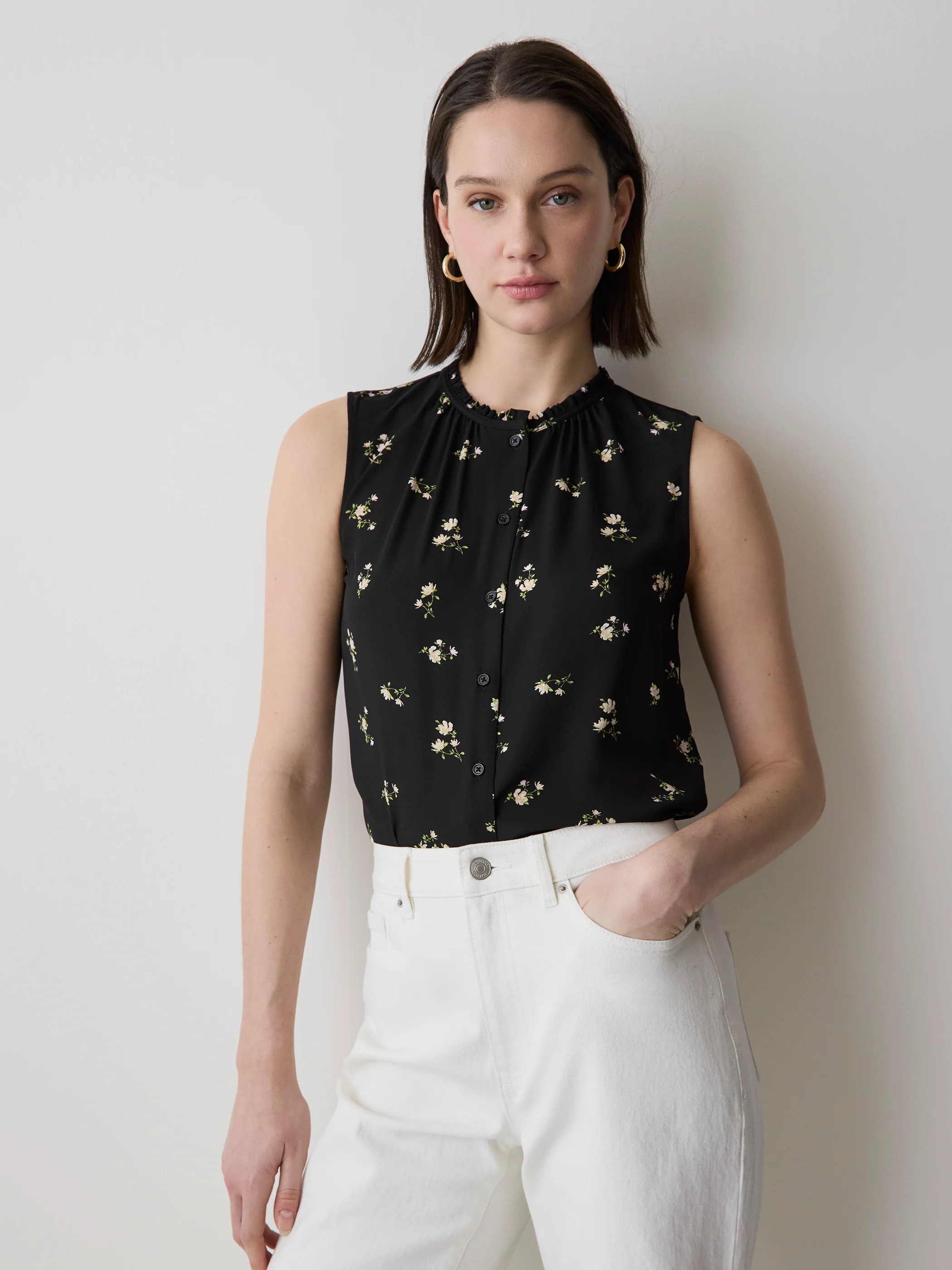 Sleeveless Buttoned-Down Blouse with Ruffled Trim - Image 19