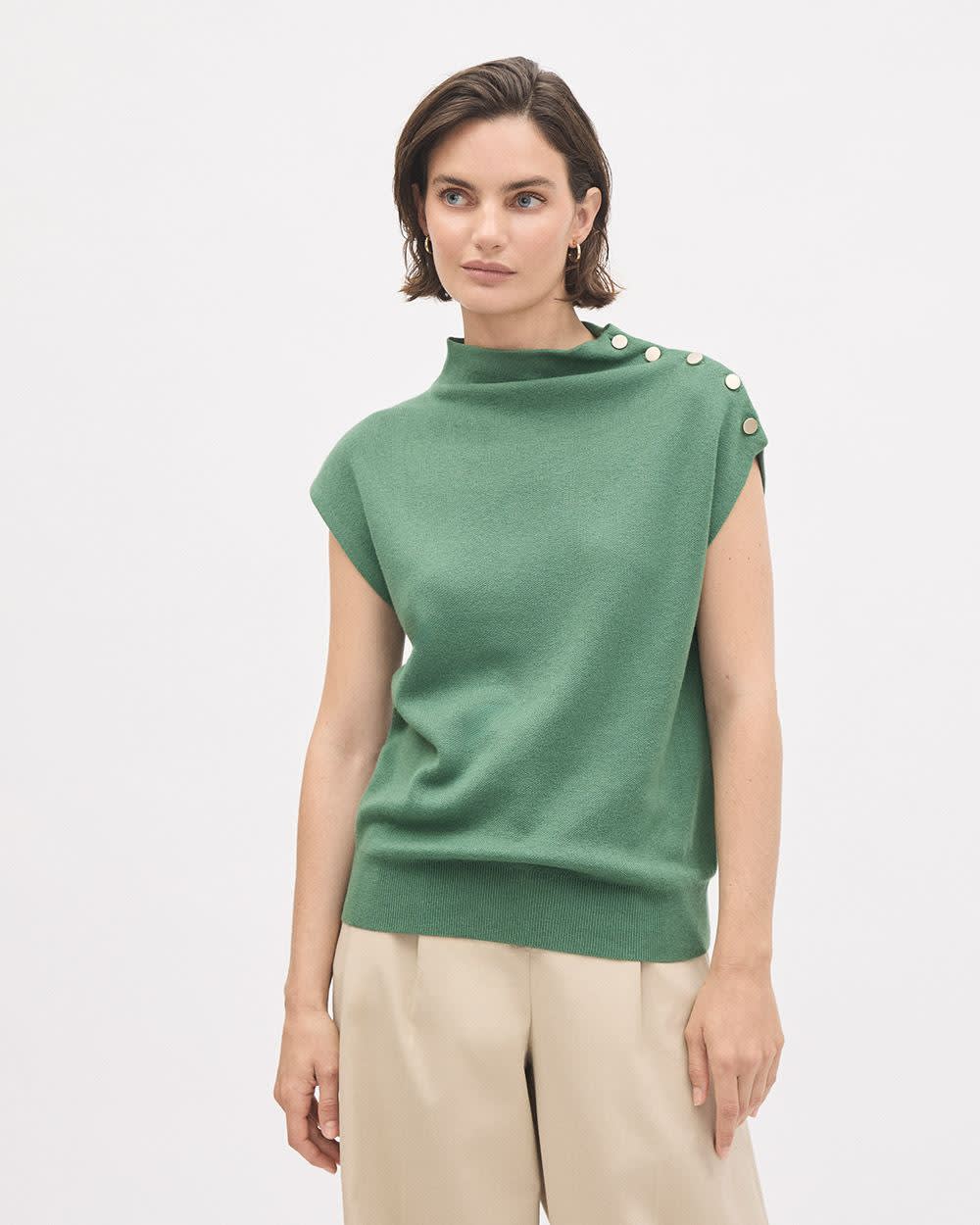 Sleeveless Mock-Neck Sweater with Buttons at Shoulder - Image 5