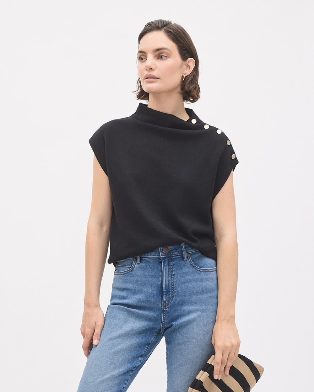 Sleeveless Mock-Neck Sweater with Buttons at Shoulder - Image 7