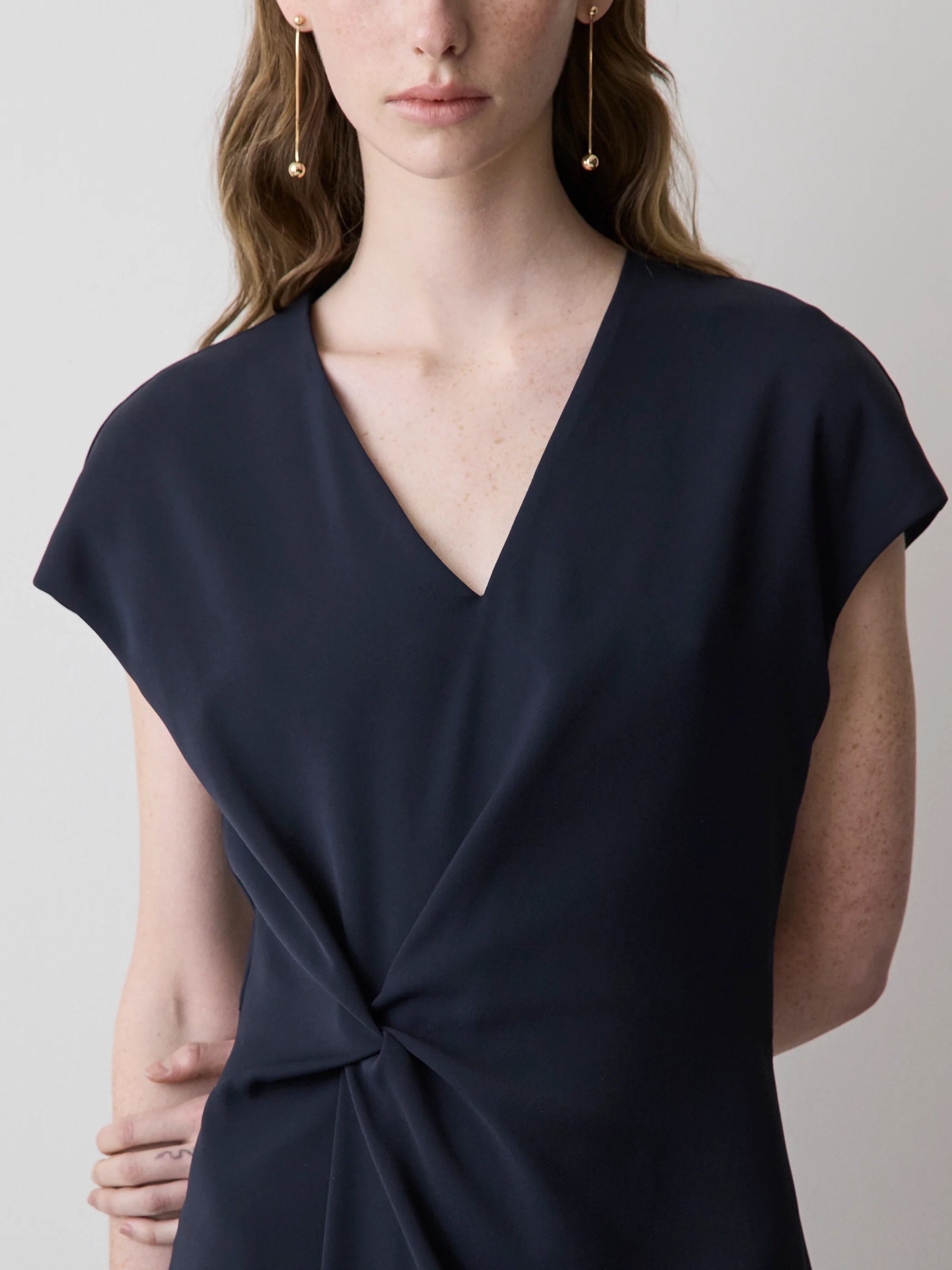 Extended-Sleeve V-Neck Twill Midi Dress - Image 9