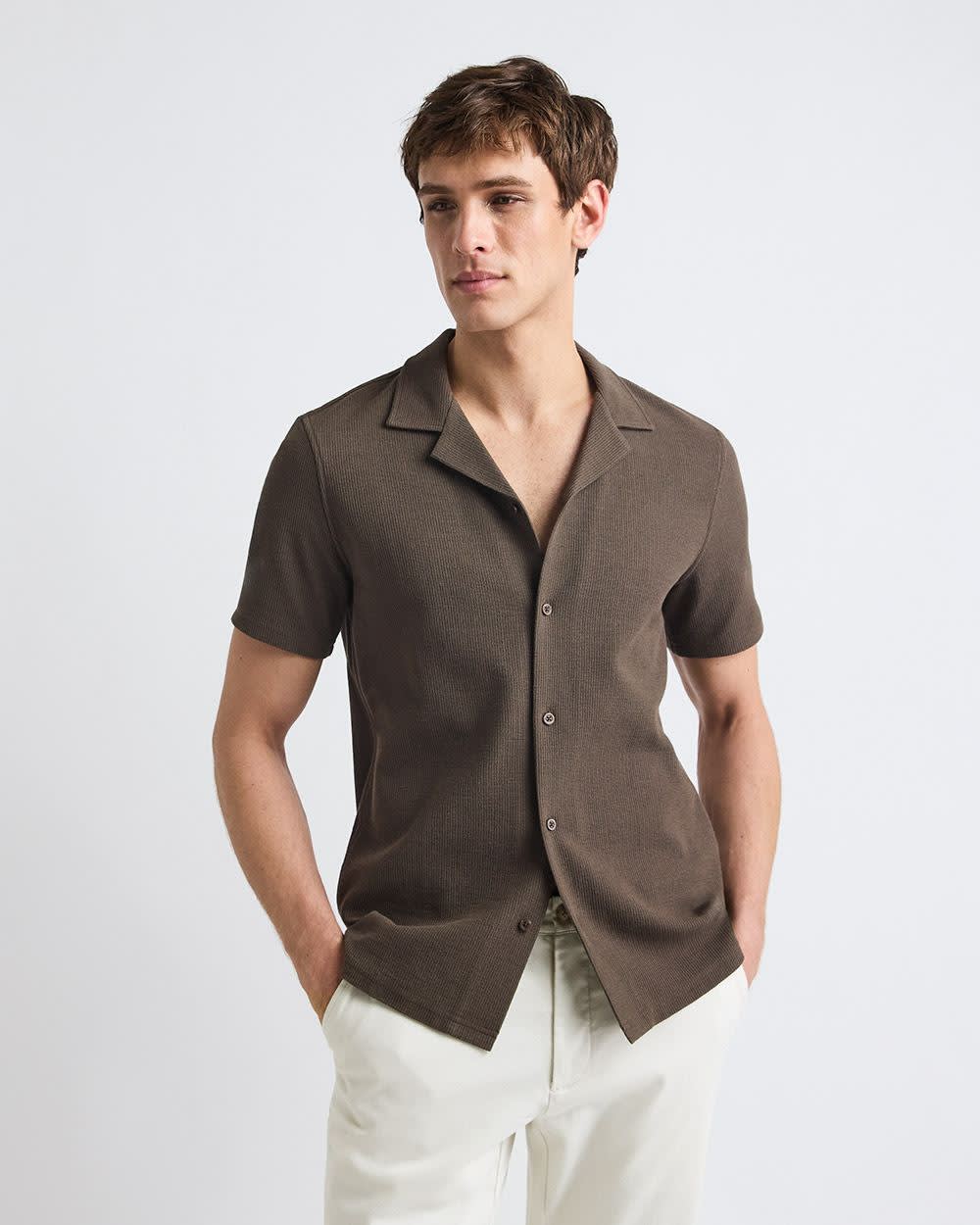 Slim Fit Short-Sleeve Knit Shirt with Camp Collar - Image 11
