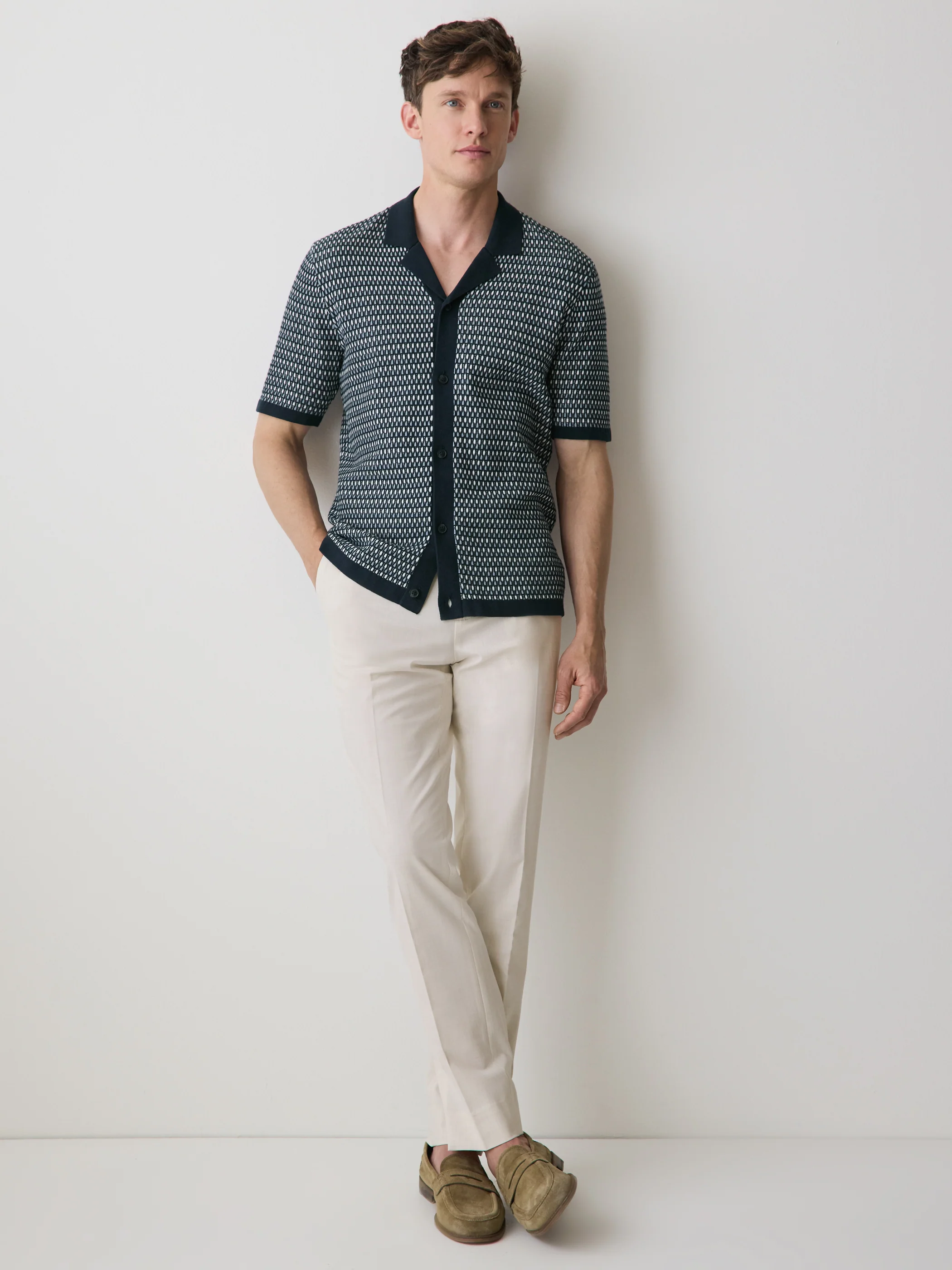 Striped Short-Sleeve Shirt Sweater with Camp Collar - Image 2