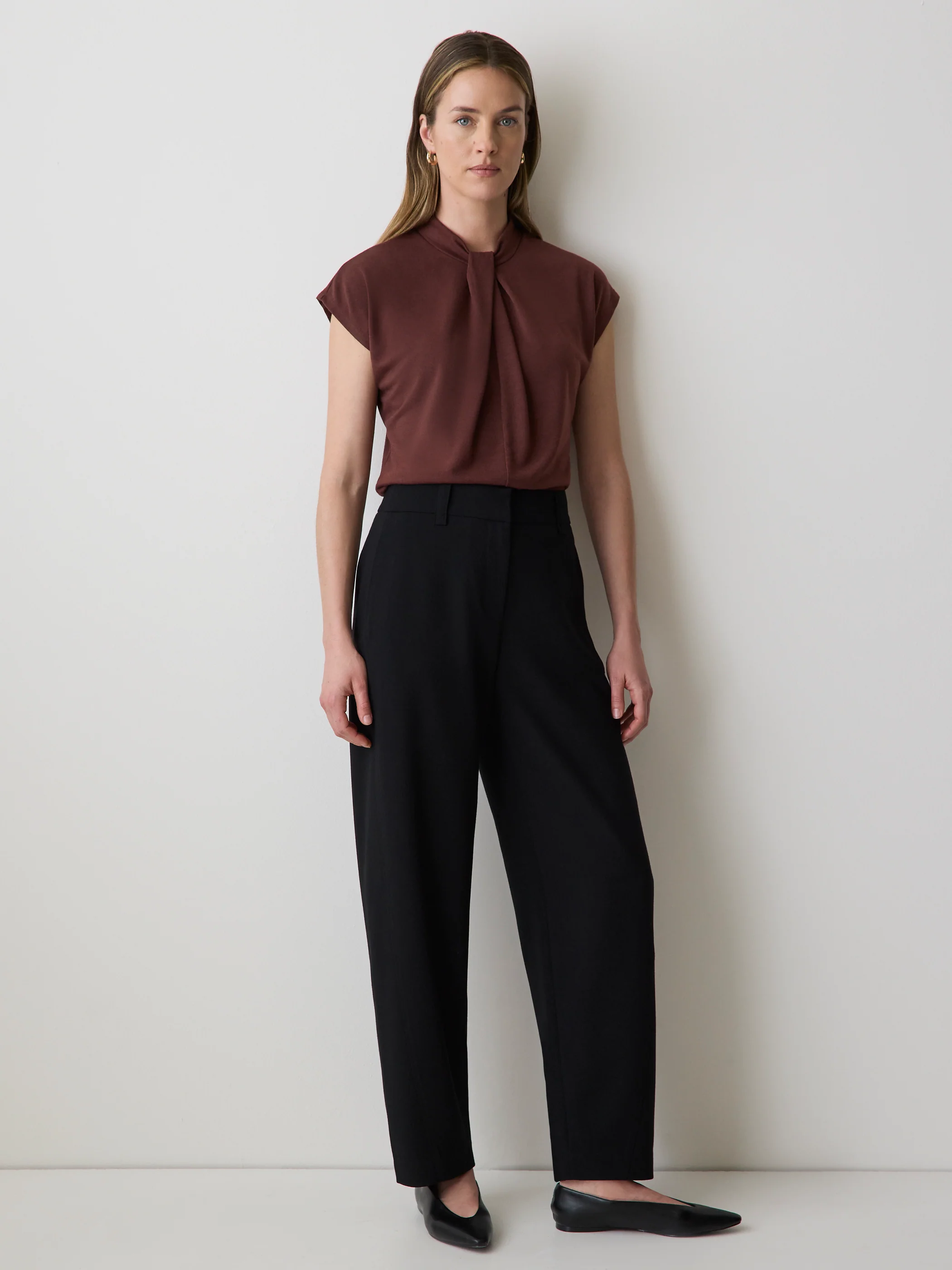 Extended-Sleeve Top with Twisted Draped Mock Neckline - Image 2