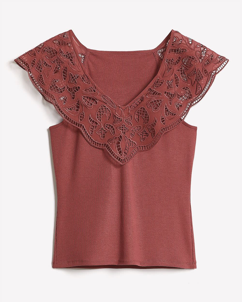 V-Neck Ribbed Top with Short Flutter Sleeves - Image 10
