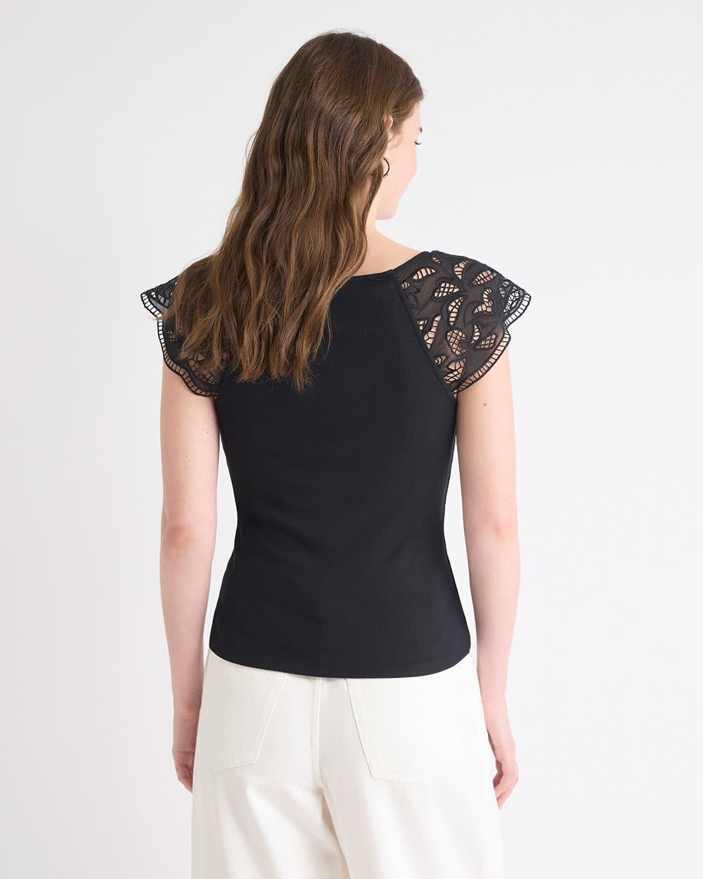 V-Neck Ribbed Top with Short Flutter Sleeves - Image 3