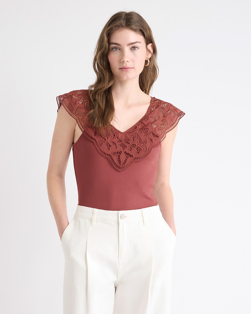 V-Neck Ribbed Top with Short Flutter Sleeves - Image 7