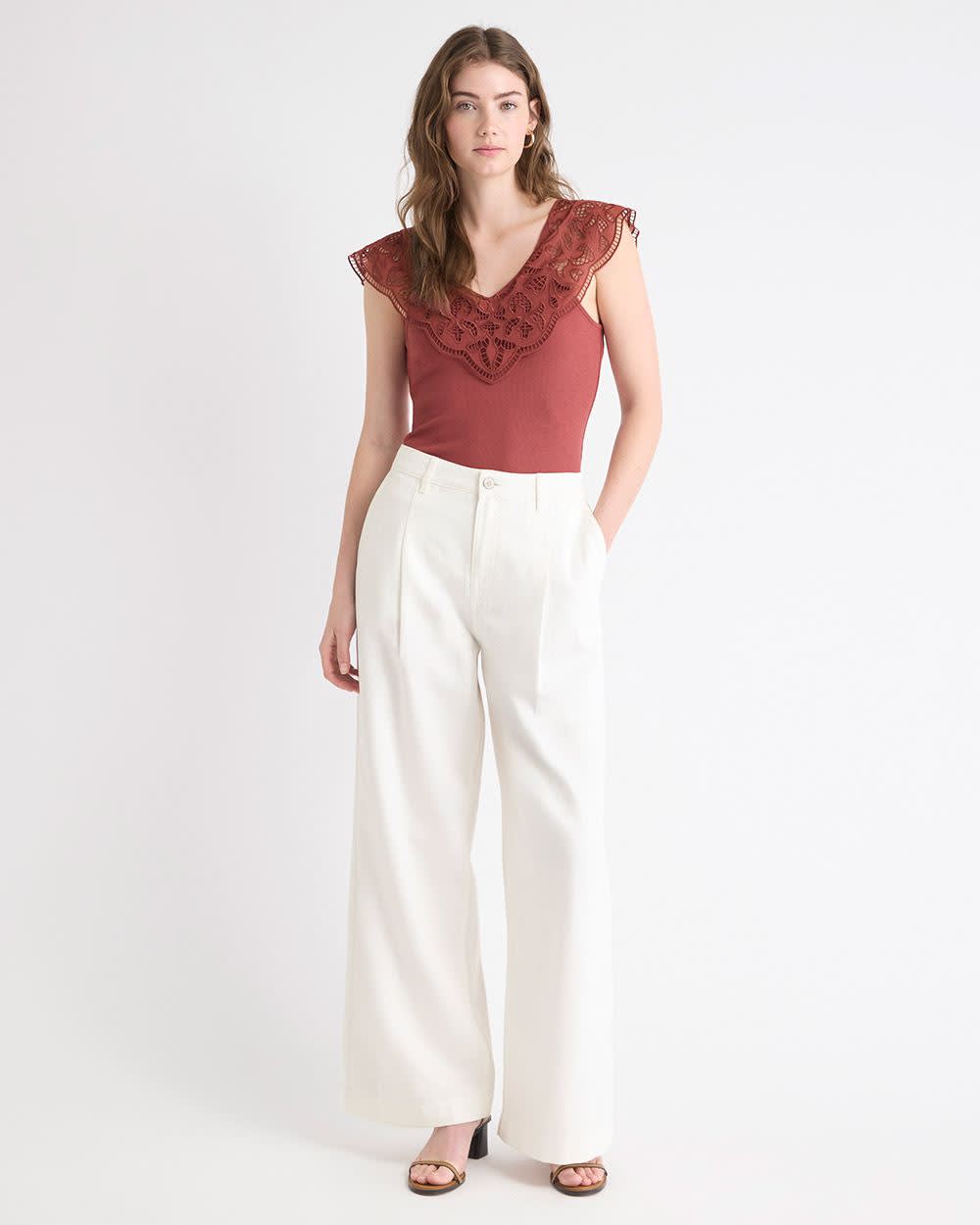 V-Neck Ribbed Top with Short Flutter Sleeves - Image 8