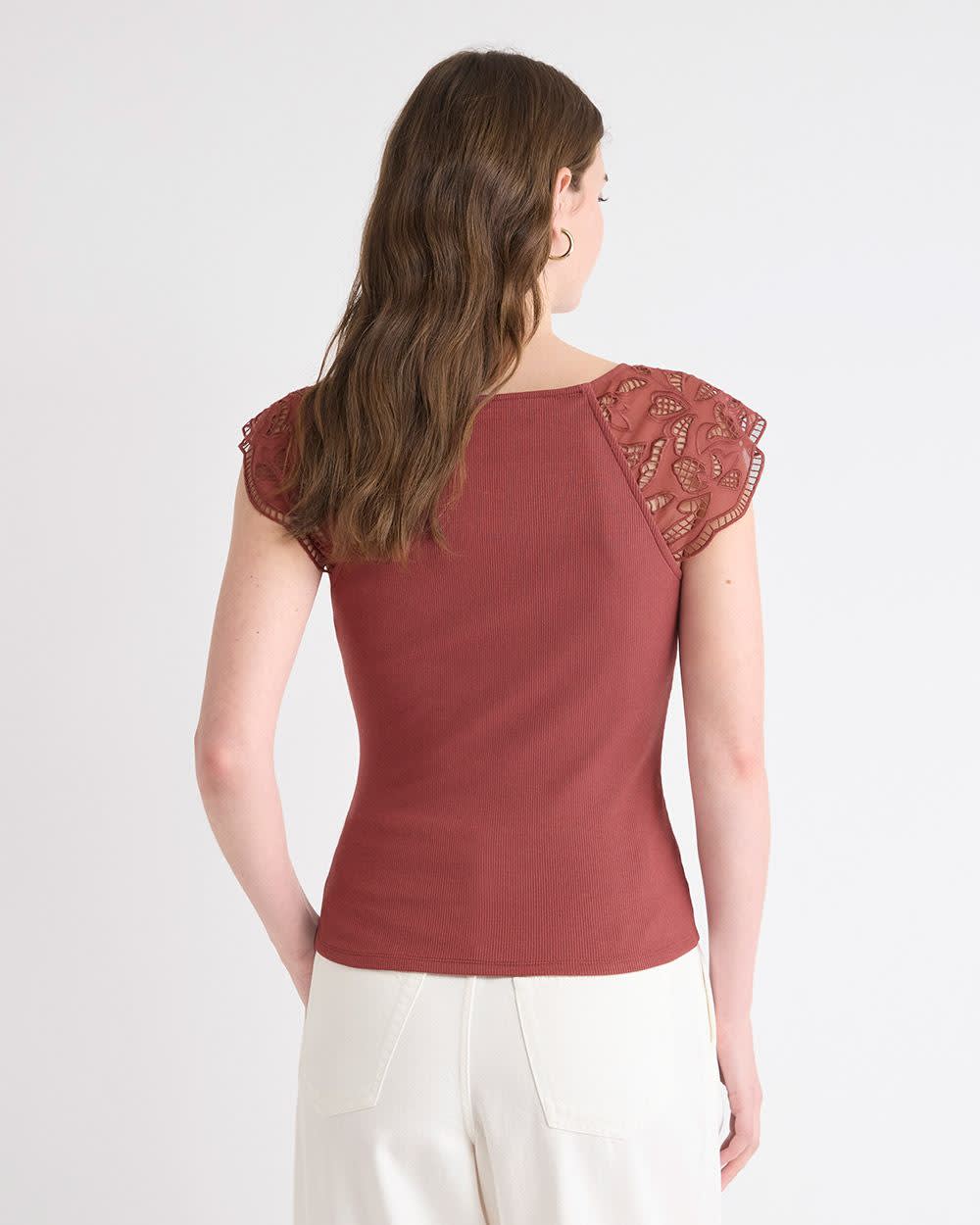 V-Neck Ribbed Top with Short Flutter Sleeves - Image 9