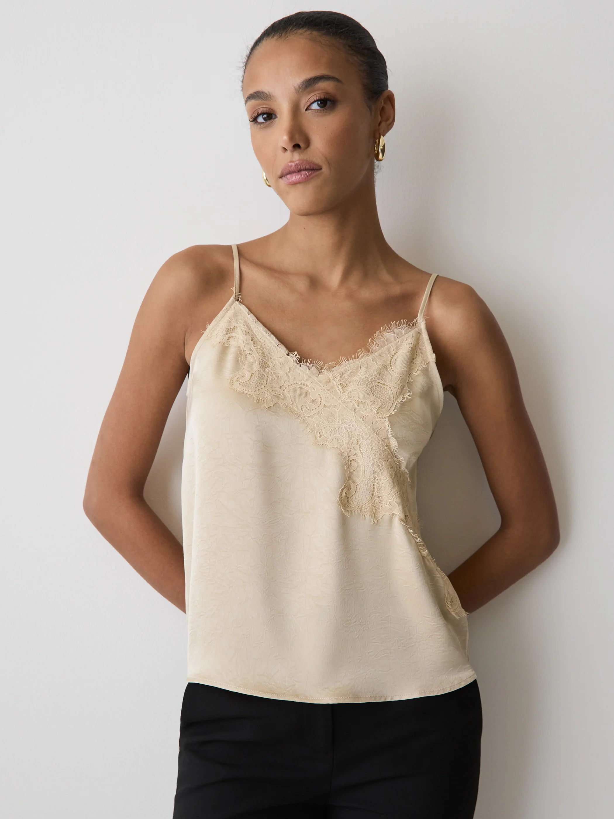 Sleeveless V-Neck Satin Blouse with Lace Trim - Image 7