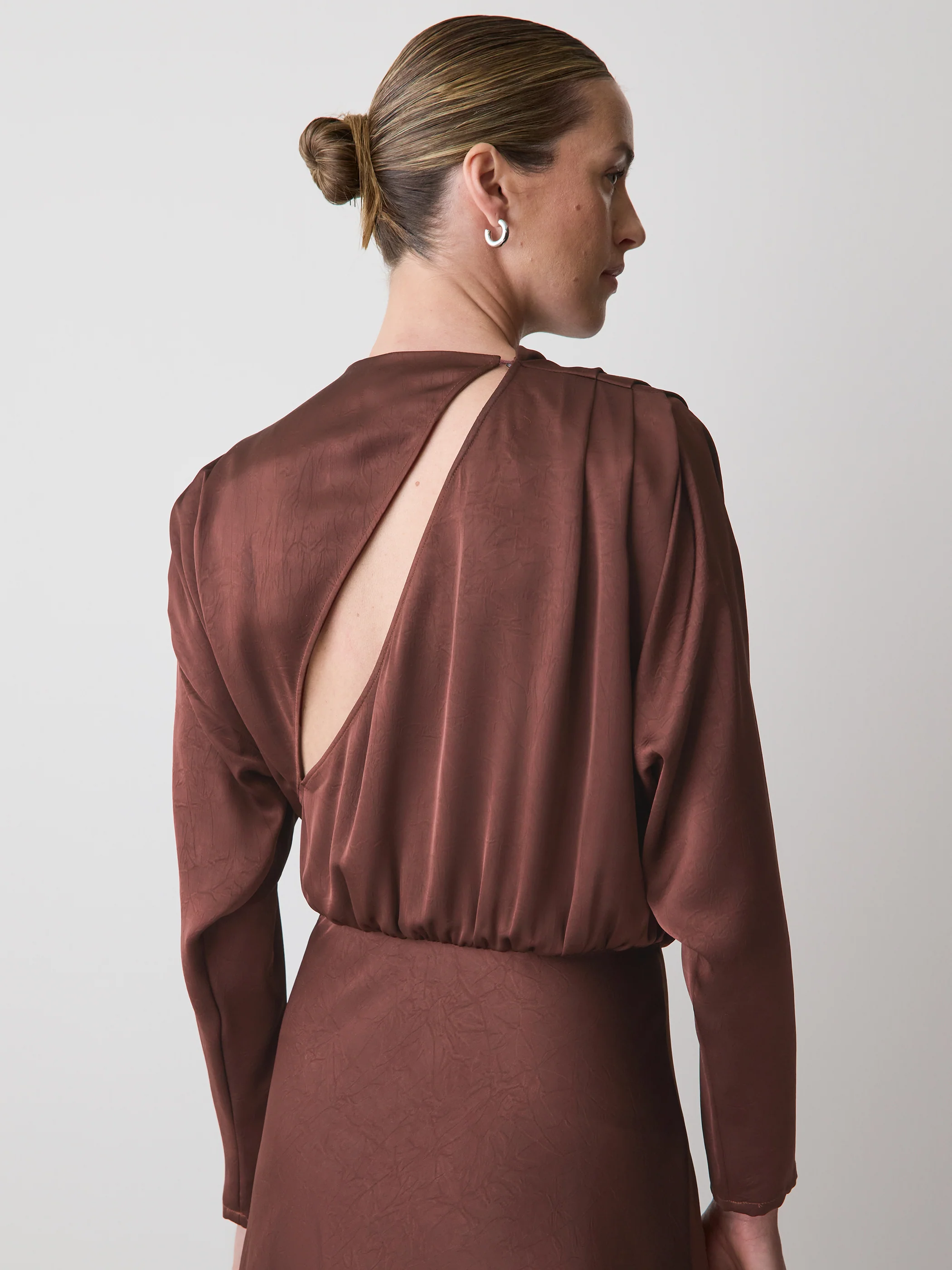Satin Long-Sleeve Draped Midi Dress - Image 16