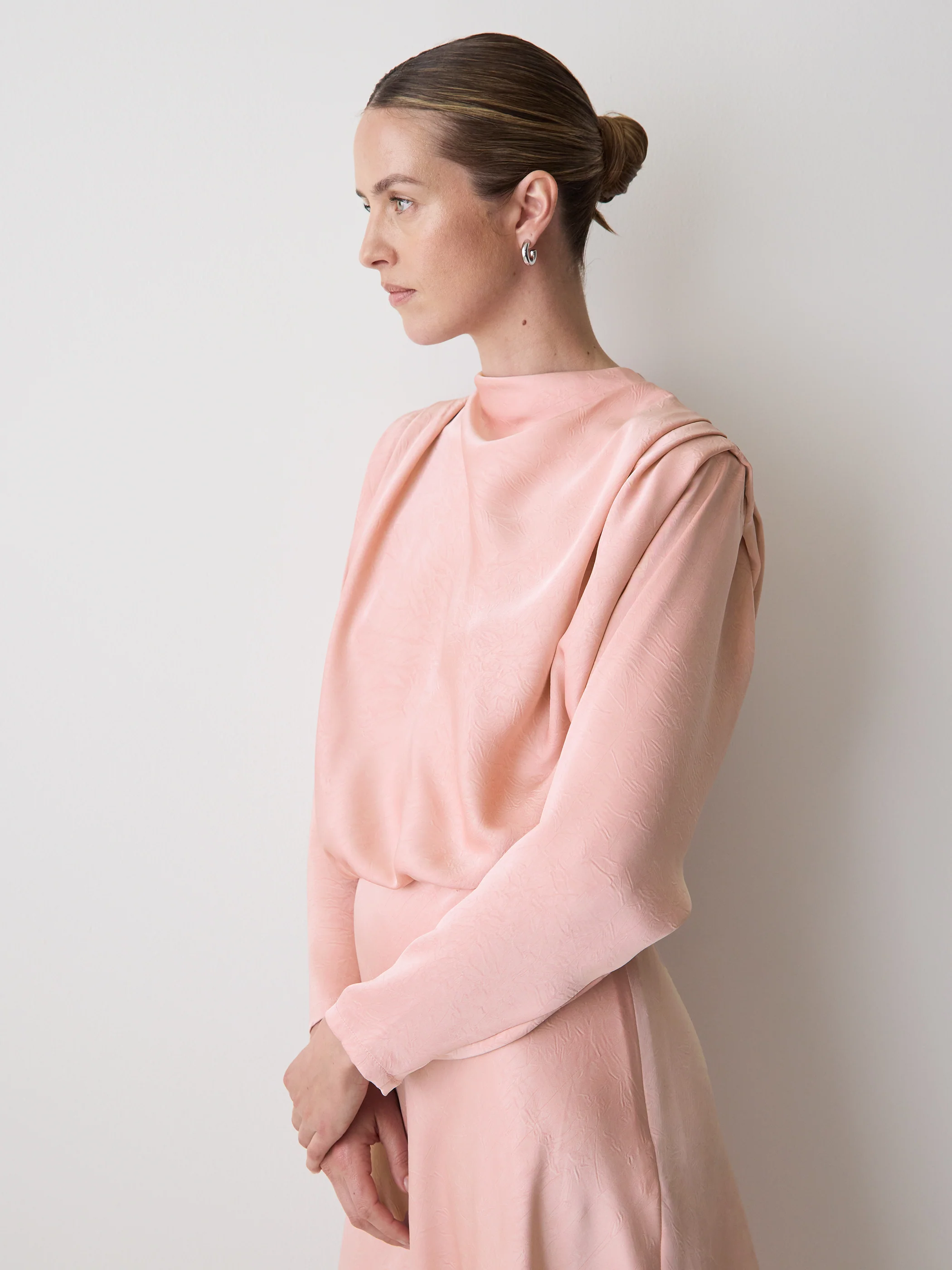 Satin Long-Sleeve Draped Midi Dress - Image 8